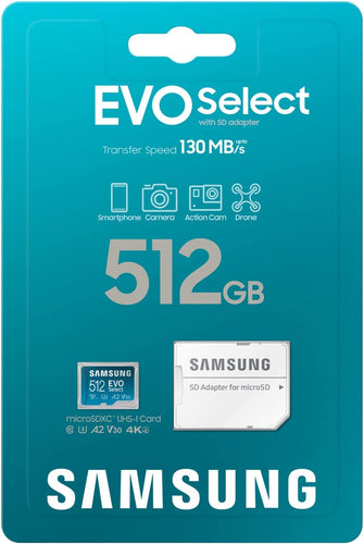 Samsung EVO Select 512GB microSDXC UHS-I U3 130MB/s Full HD & 4K UHD Memory Card inc. SD-Adapter - Blue