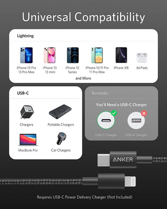 Anker USB C to Lightning Cable, New Nylon USB-C to Lightning Charging Cord - 4