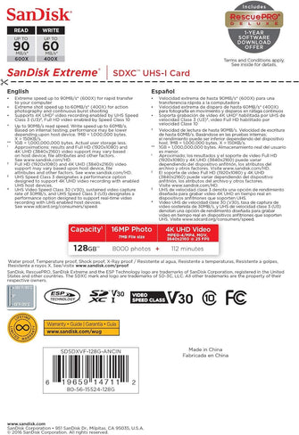 SanDisk Extreme 128GB SDXC Memory Card up to 90MB/s, Class 10, U3, V30 - 5