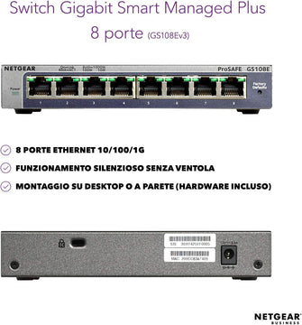 NETGEAR GS108E 8-Port Ethernet Plus Switch, Gigabit Switch with Desktop or Wall Mounting Options and Limited Lifetime Support - 2