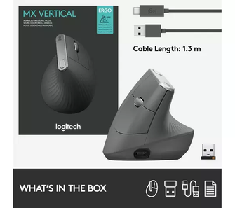 Logitech MX Vertical Ergonomic Mouse, Multi-Device, Bluetooth or 2.4GHz Wireless with USB Unifying Receiver, 4000 DPI Optical Tracking, 4 Buttons, Fast Charging, Laptop/PC/Mac/iPad OS- Black - 9
