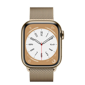 Apple,Apple Watch Series 8 (GPS + Cellular), 41mm Gold Stainless Steel Case with Gold Milanese Loop - Gadcet.com