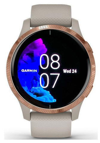 Garmin,Garmin Venu, GPS Smartwatch with Bright Touchscreen Display, Features Music, Body Energy Monitoring, Animated Workouts, Pulse Ox Sensors and More, Light Sand with Rose Gold - Gadcet.com